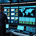 **A futuristic network control room:** Depict a modern, brightly lit control room filled with large screens displaying network traffic visualizations, automated system alerts, and technicians monitoring the network with AI assistance. Emphasize the use of automation and cloud technologies for efficient network management.