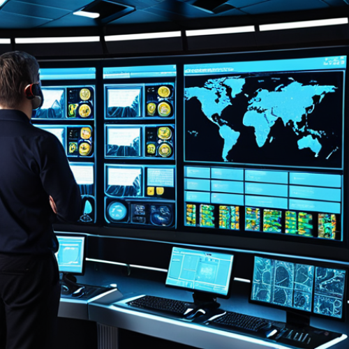 Home 11 **A futuristic network control room:** Depict a modern, brightly lit control room filled with large screens displaying network traffic visualizations, automated system alerts, and technicians monitoring the network with AI assistance. Emphasize the use of automation and cloud technologies for efficient network management.