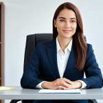 ** A professional businesswoman in a modest business suit, sitting at a desk in a modern office, fully clothed, appropriate attire, safe for work, perfect anatomy, natural proportions, professional photography, high quality.

**