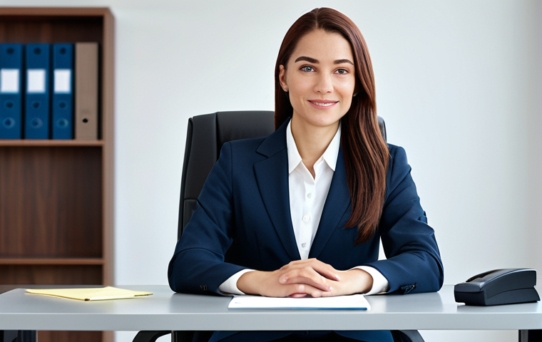 ** A professional businesswoman in a modest business suit, sitting at a desk in a modern office, fully clothed, appropriate attire, safe for work, perfect anatomy, natural proportions, professional photography, high quality.
**