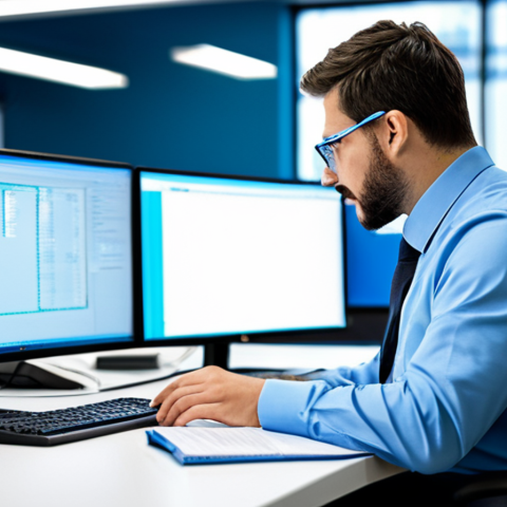 네트워크 실무에서 자주 사용하는 분석 도구 소개 - A network administrator analyzing data packets with Wireshark, fully focused, wearing professional a...