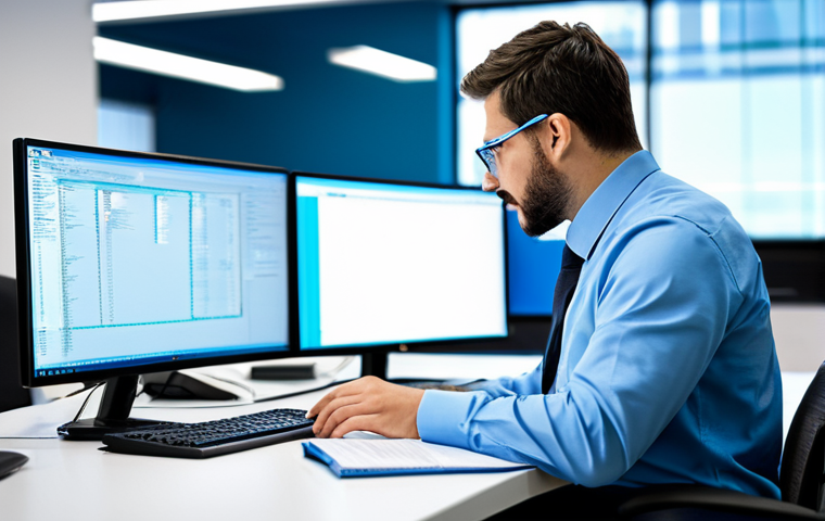 네트워크 실무에서 자주 사용하는 분석 도구 소개 - A network administrator analyzing data packets with Wireshark, fully focused, wearing professional a...