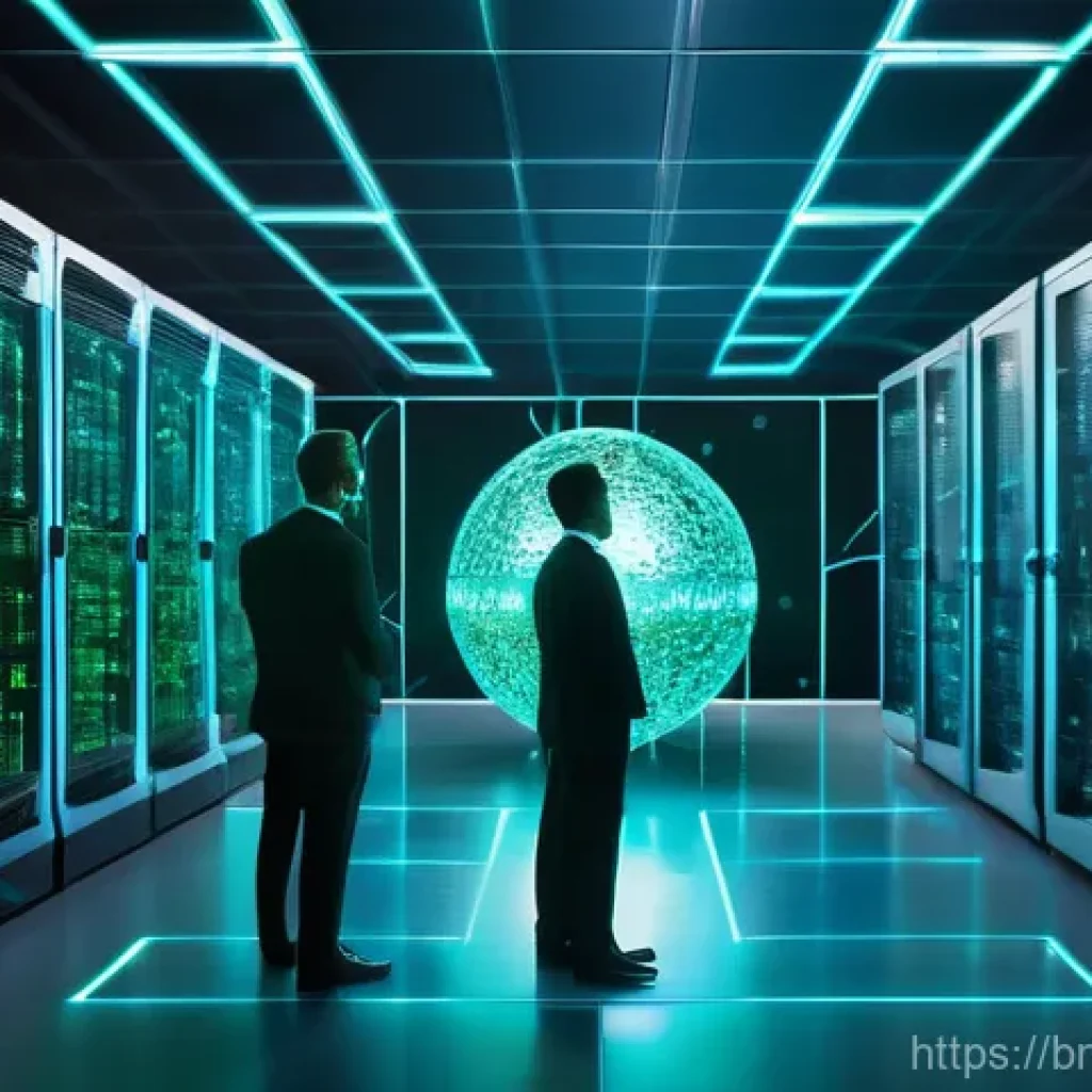 네트워크 실무와 AI 네트워크 관리의 융합 사례 - **Prompt:** A futuristic, bright, and organized data center bathed in cool blue and green light. In ...