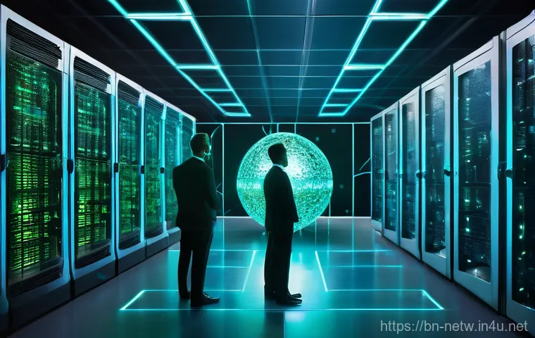 네트워크 실무와 AI 네트워크 관리의 융합 사례 - **Prompt:** A futuristic, bright, and organized data center bathed in cool blue and green light. In ...