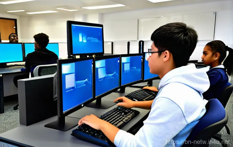 네트워크 실기 시험에서 많이 나오는 시뮬레이션 문제 - **Prompt: Network Simulation Learning in a Modern Lab**
    "A group of four diverse students, appea...
