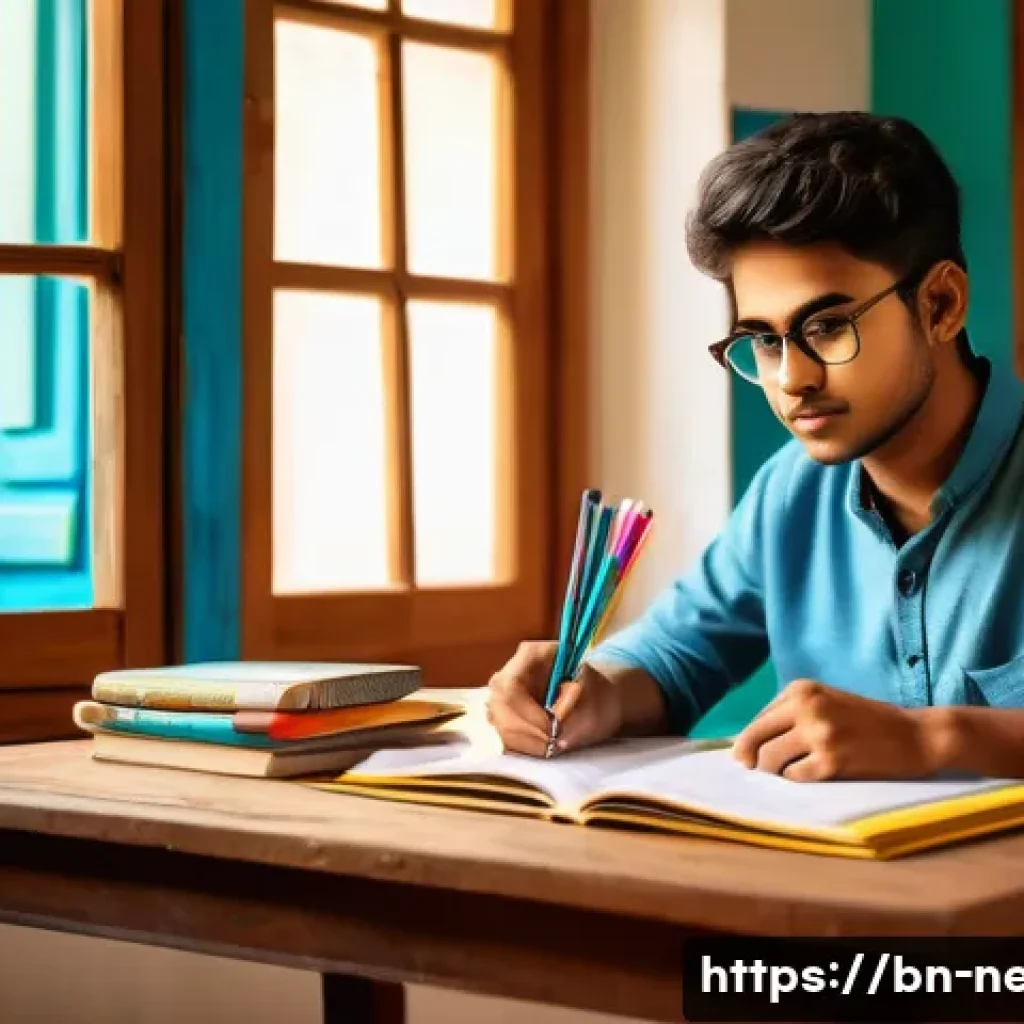 네트워크관리사 실기 시험 합격률을 높이는 핵심 비법 - A focused young Bengali student sitting at a traditional wooden desk in a cozy study room filled wit...