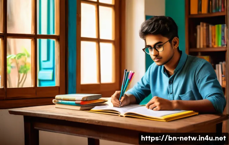 네트워크관리사 실기 시험 합격률을 높이는 핵심 비법 - A focused young Bengali student sitting at a traditional wooden desk in a cozy study room filled wit...