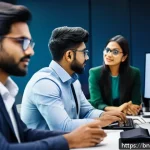 네트워크 자격증 취득 후 IT 프로젝트 참여 후기 - A professional Bengali IT team collaborating intensely in a modern office environment, diverse group...