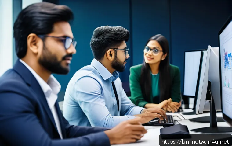 네트워크 자격증 취득 후 IT 프로젝트 참여 후기 - A professional Bengali IT team collaborating intensely in a modern office environment, diverse group...