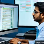 네트워크관리사 실기 시험 대비 설정 연습법 - A detailed, realistic network lab setup showing a young Bengali IT professional practicing network c...