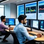 네트워크관리사와 관련된 직무별 연봉 분석 - A professional network manager in a modern office environment, wearing business casual attire and wo...