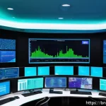 네트워크 실무에서 자주 사용하는 오픈소스 도구 - A detailed futuristic network operations center with multiple large screens displaying real-time aut...