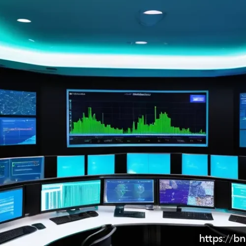 네트워크 실무에서 자주 사용하는 오픈소스 도구 - A detailed futuristic network operations center with multiple large screens displaying real-time aut...