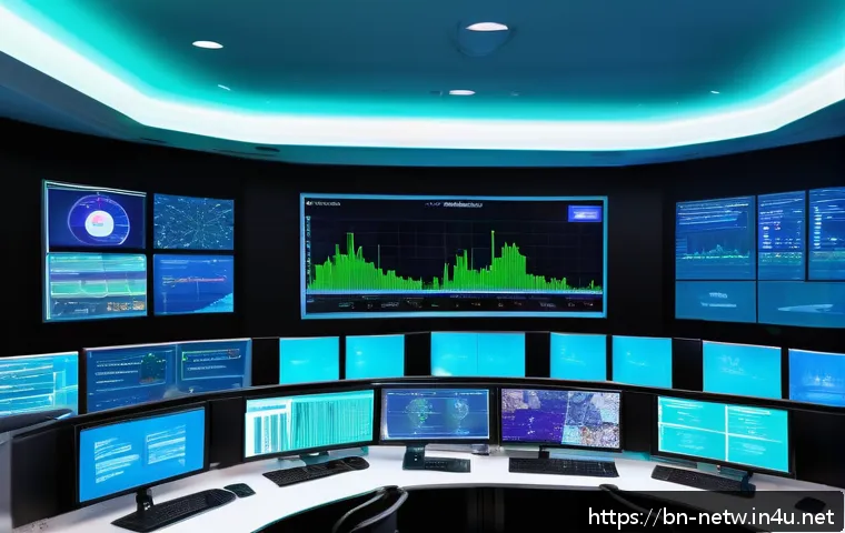 네트워크 실무에서 자주 사용하는 오픈소스 도구 - A detailed futuristic network operations center with multiple large screens displaying real-time aut...