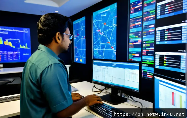 네트워크 실무에서 발생한 트래픽 제어 사례 - Photorealistic network operations center in Bangladesh, a focused Bengali network engineer monitorin...