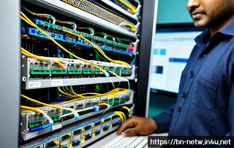 네트워크 자격증 취득 후 현업에서 배운 교훈 - Photorealistic Bangladeshi network engineer in a modern office server room, carefully tracing a netw...